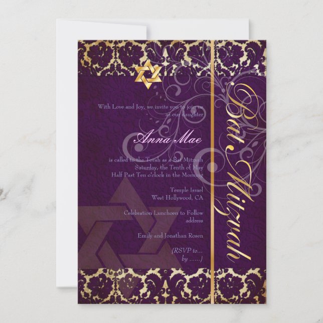 Convite Grunge Damask Bat Mitzvah/ameixa/ouro (Frente)