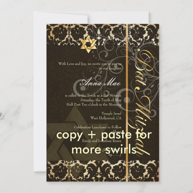 Convite Grunge Damask Bat Mitzvah/black/gold (Frente)