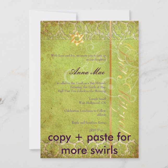 Convite Grunge Damask Bat Mitzvah/green/gold (Frente)