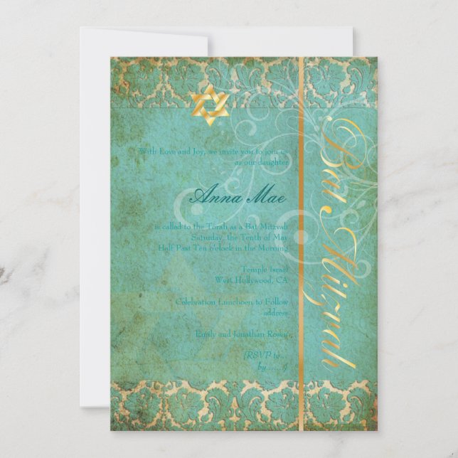 Convite Grunge Damask Bat Mitzvah/teal/ouro (Frente)
