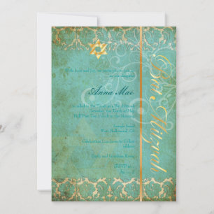 Convite Grunge Damask Bat Mitzvah/teal/ouro