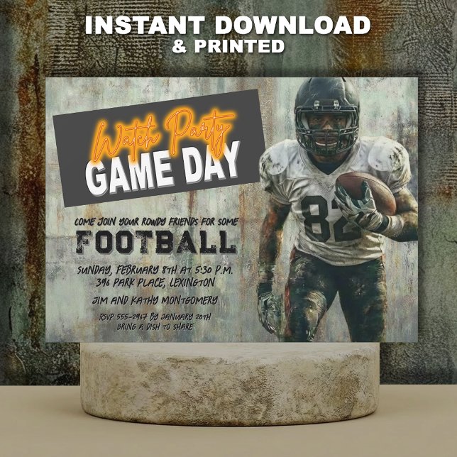 Convite Grunge Football Super Player Party (Grunge American football player Super Bowl party invitations - INSTANT DOWNLOAD and/or PRINTED)