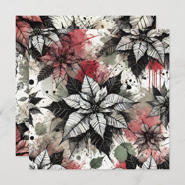 Convite Grungy Poinsettia Imprimível Sketches (Frente/Verso)