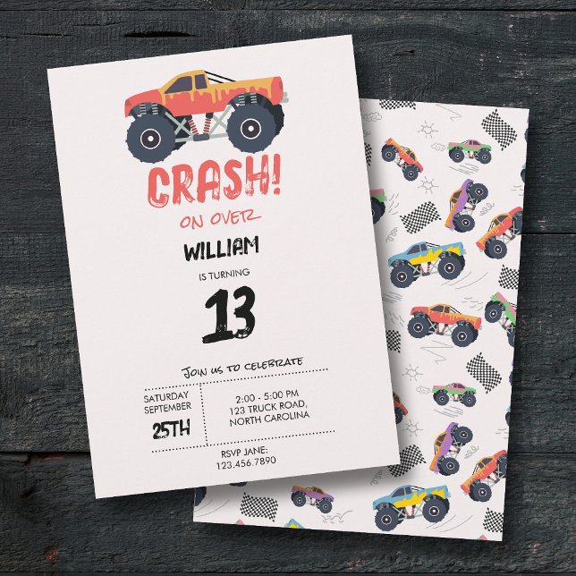 Convite Grupo Colorido de Aniversários de criança de Monst (Colorful Monster Trucks Racing Kids Birthday Party Invitation)