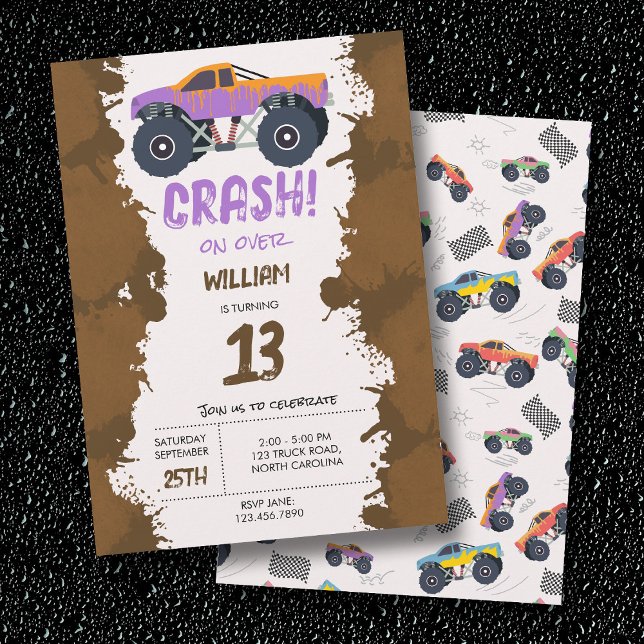 Convite Grupo Colorido de Aniversários de criança de Monst (Colorful Monster Trucks Racing Kids Birthday Party Invitation)