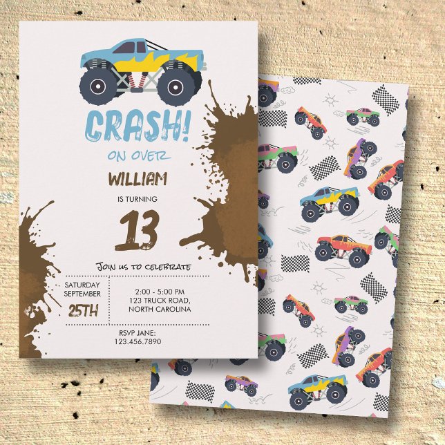 Convite Grupo Colorido de Aniversários de criança de Monst (Colorful Monster Trucks Racing Kids Birthday Party Invitation)