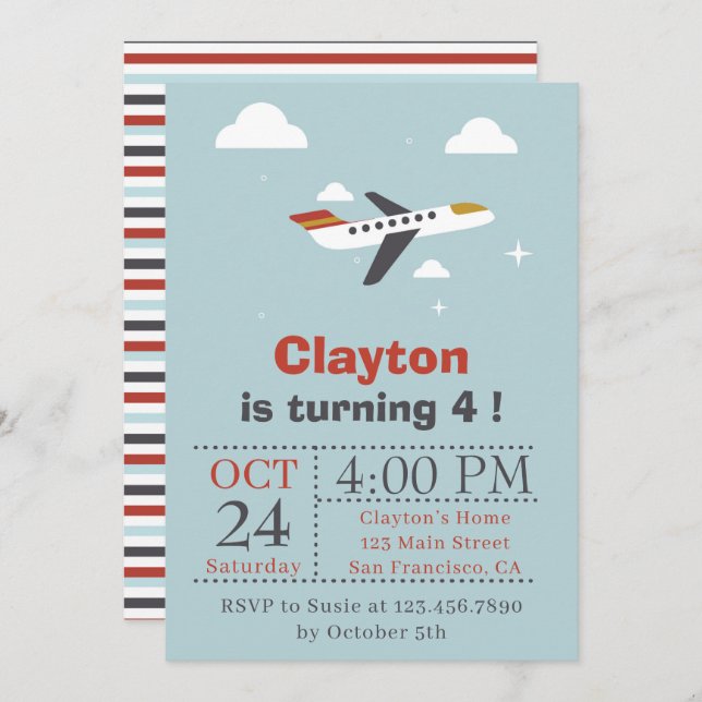 Convite Grupo de Aniversários de criança de aviões e nuven (Frente/Verso)
