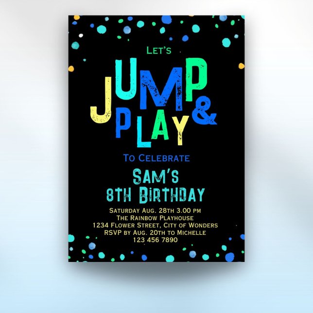 Convite Grupo de Convocação de Aniversário do Trampoline (Trampoline Birthday Invitation Jump Play Party Boys neon birthday party invitation)