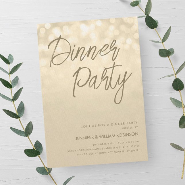 Convite Grupo de Janto de Script das Luzes de Champanhe Do (Gold Champagne Lights Script Dinner Party Invitation)