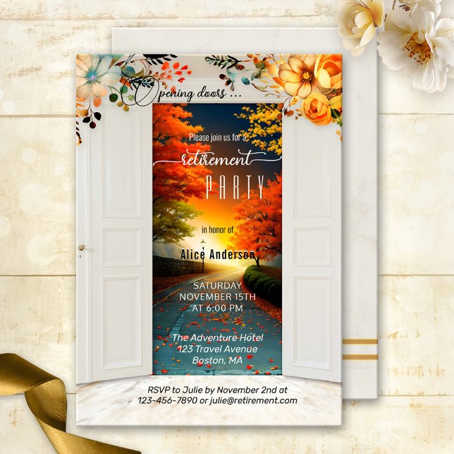 Convite Grupo de Reforma de outono de Portas de Abertura (Retirement party invitation featuring an image of opening doors showing a road to a colorful future)