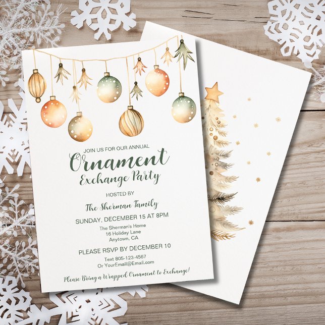 Convite Grupo de Troca de Ornamento Verde Dourado de Cores (Custom Ornament Exchange Party Invitation in Gold and Green with Cottagecore style.)