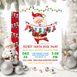 Convite Grupo de troca de Papais noeis Secretos<br><div class="desc">Venha celebrar o Natal com este Papai noel engraçado segurando uma faixa de roupas de meias de Natal. Possui papais noeis bonitinhos embrulhados em luzes de natal e muitas meias! Perfeito para a sua festa de troca de papais noeis secretos. Todos os textos podem ser alterados. Para fazer mais mudanças,...</div>