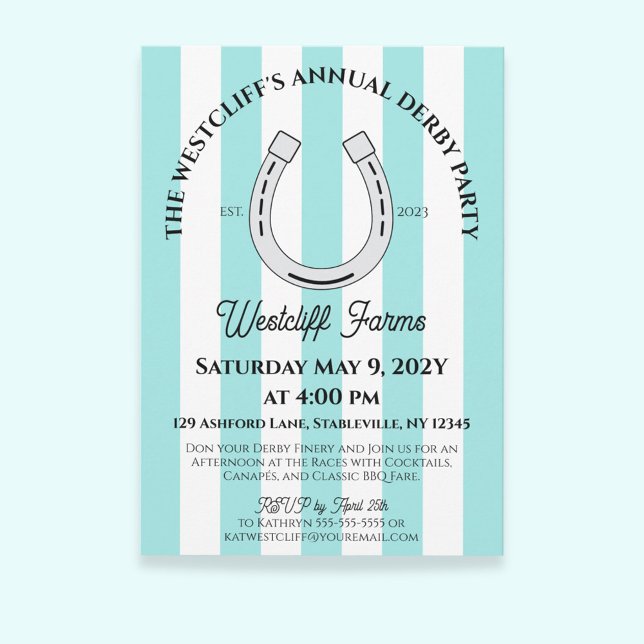 Convite Grupo Derby do Elegante Blue Cabana Stripe Horsfer (Duck Egg Blue Cabana Stripes Horseshoe Derby Horse Racing Party Invitation)
