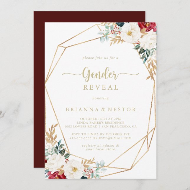 Convite Grupo Geométrico Clássico Dourado de Gênero Floral (Frente/Verso)