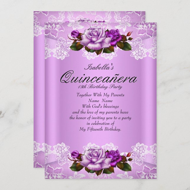 Convite Grupo Quinceanera Lilac Rosas Rosa Púrpura Lace (Frente/Verso)