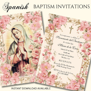 Convite Guadalupe Baptism Floral Rosa Espanhol