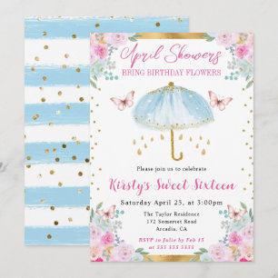 Convite Guarda-chuva de água azul dourado Sweet Sixteen