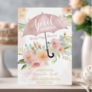Convite Guarda-Chuva de Chuva de Abril Rosa Bege Traz Flor