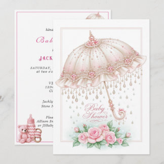 Convite Guarda-chuva de Chuvinha de Bebê Rosas Rosa