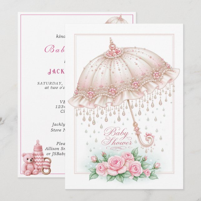 Convite Guarda-chuva de Chuvinha de Bebê Rosas Rosa (Frente/Verso)
