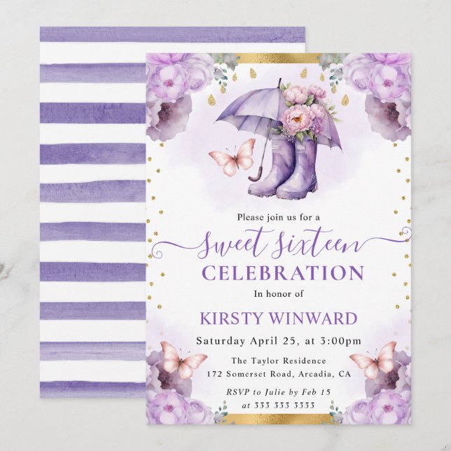 Convite Guarda-chuva de primavera roxo e dourado Sweet 16 (Frente/Verso)