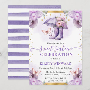 Convite Guarda-chuva de primavera roxo e dourado Sweet 16