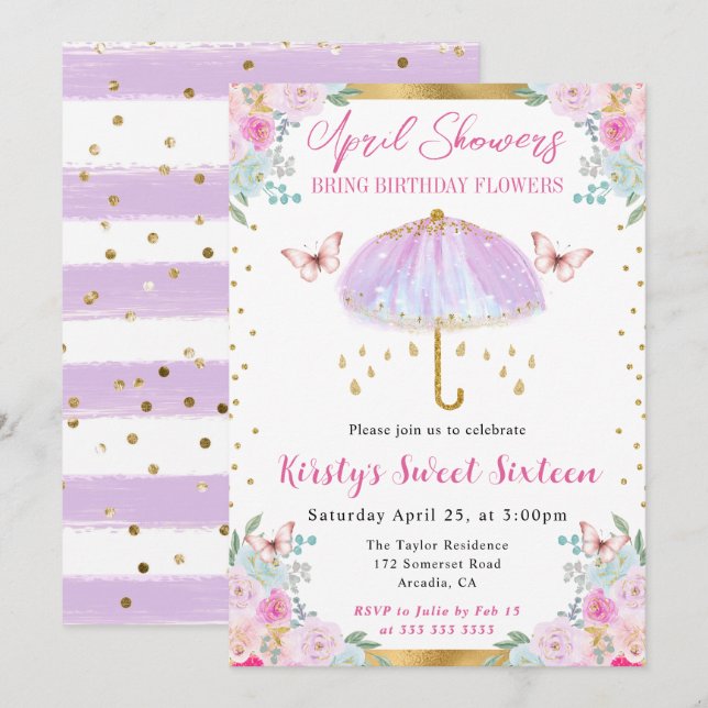 Convite Guarda-chuva de primavera roxo e dourado Sweet Six (Frente/Verso)
