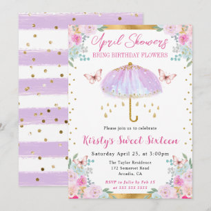 Convite Guarda-chuva de primavera roxo e dourado Sweet Six