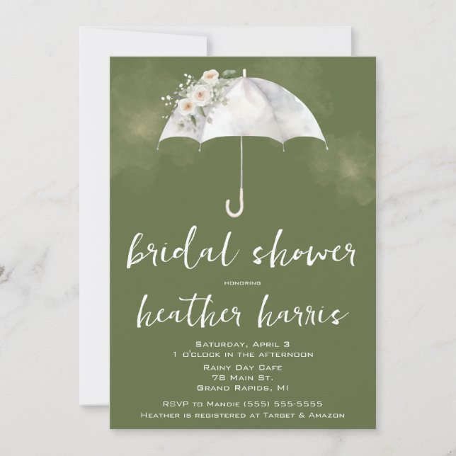 Convite Guarda-chuva Floral Verde e Branco para Chá de Noi (Frente)