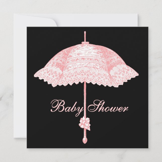 Convite Guarda-chuva Preto Rosa Bebê Menina Chuveiro (Frente)