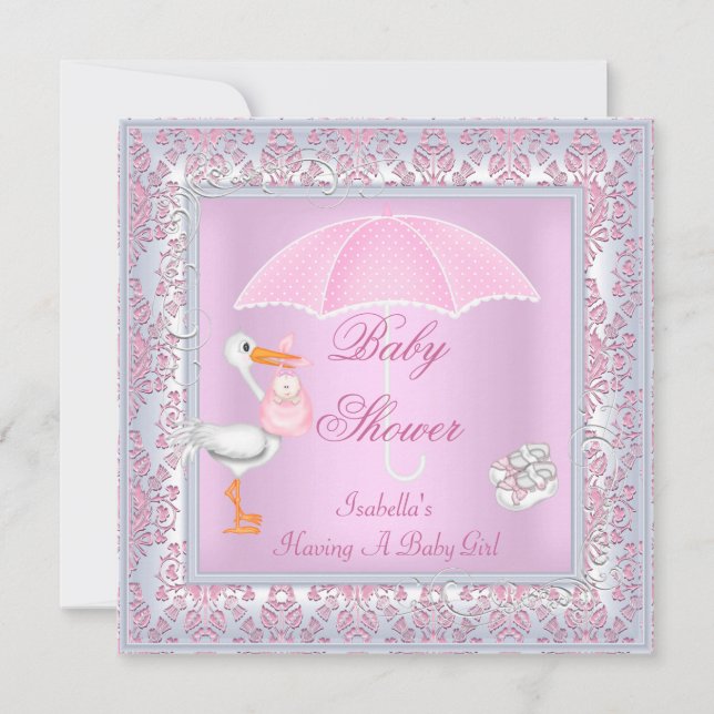 Convite Guarda-chuva Rosa Damask para Chá de Bebê Menina (Frente)