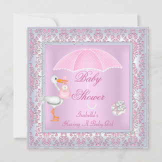 Convite Guarda-chuva Rosa Damask para Chá de Bebê Menina