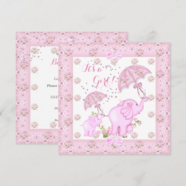 Convite Guarda-chuva Rosa Elefante Bebê Menina Chuvinha de (Frente/Verso)
