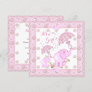 Convite Guarda-chuva Rosa Elefante Bebê Menina Chuvinha de