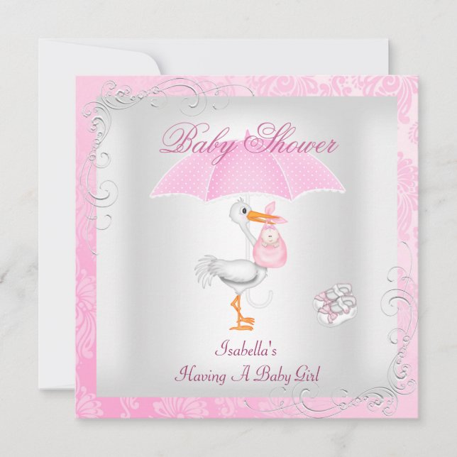 Convite Guarda-chuva Rosa para Chá de Bebê Menina Damask (Frente)