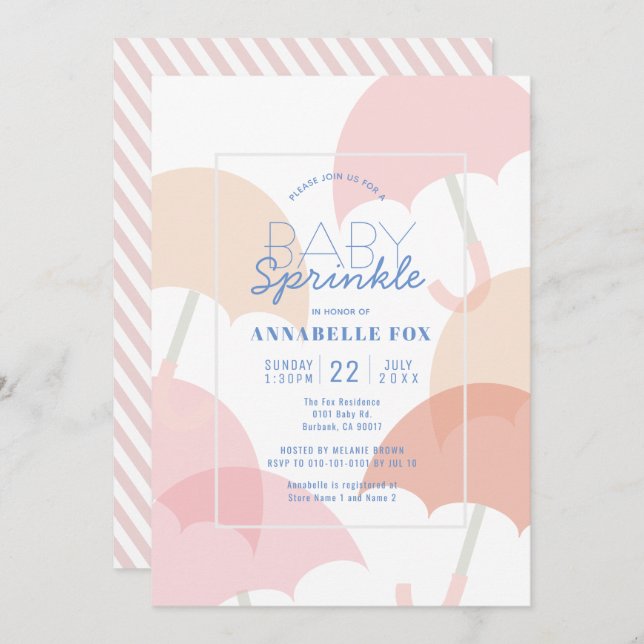 Convite Guarda-chuvas cor-de-rosa Chá (Frente/Verso)