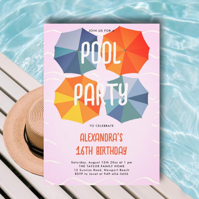 Convite Guarda-chuvas Legal, Festa de aniversário, cor-de- (pink sweet 16 pool party invitations ideas modern umbrellas colorful pattern chic cute cool fun teen)
