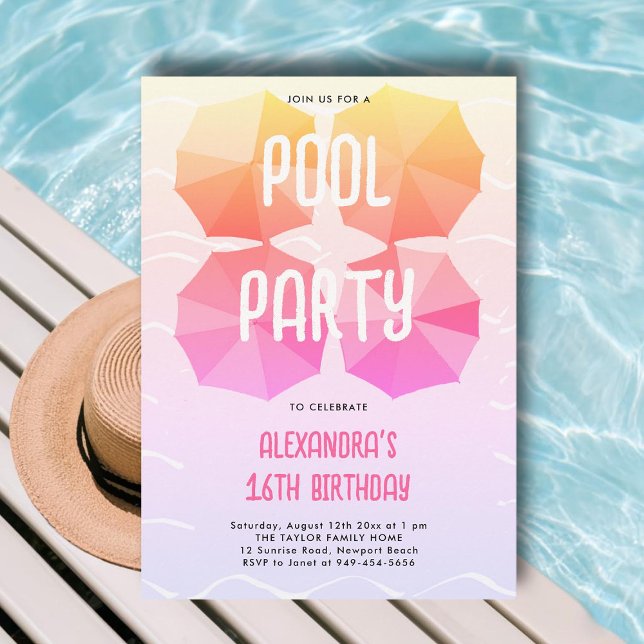 Convite Guarda-chuvas Legal, Festa de aniversário rosa, co (pink sweet 16 pool party invitations ideas modern umbrellas pattern chic cute cool fun teen elegant)