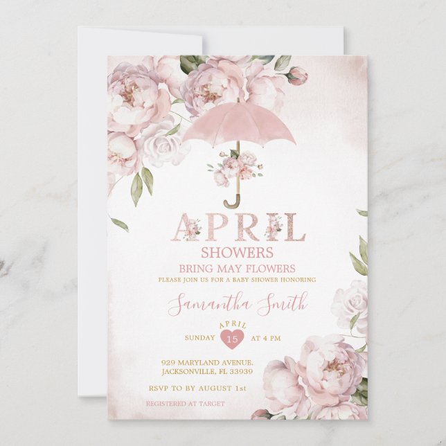 Convite Guarda-chuvas rosa Chás trazem flores de maio (Frente)
