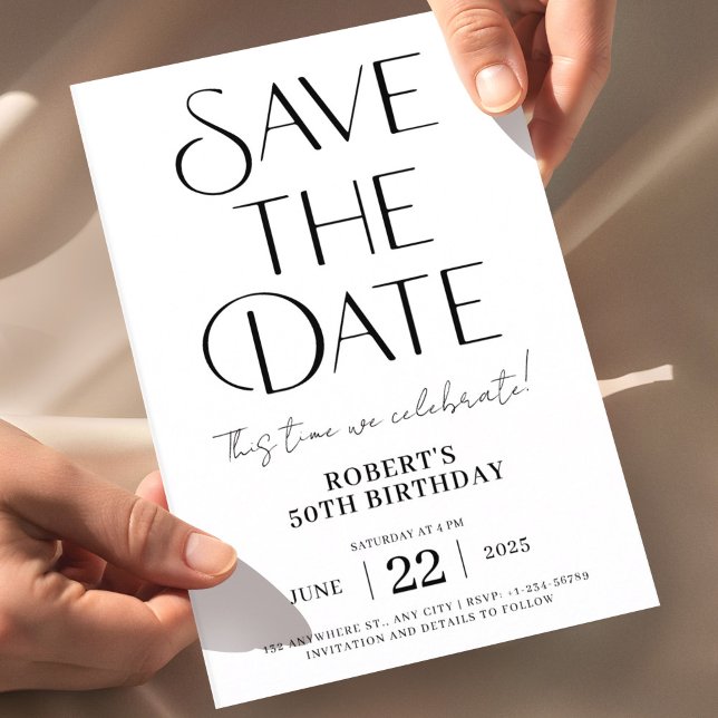 Convite Guardar a data de aniversário preto e branco 50 (Save the Date Birthday Invitation, Minimal Black and White Invite, Modern Typography Birthday Invita)