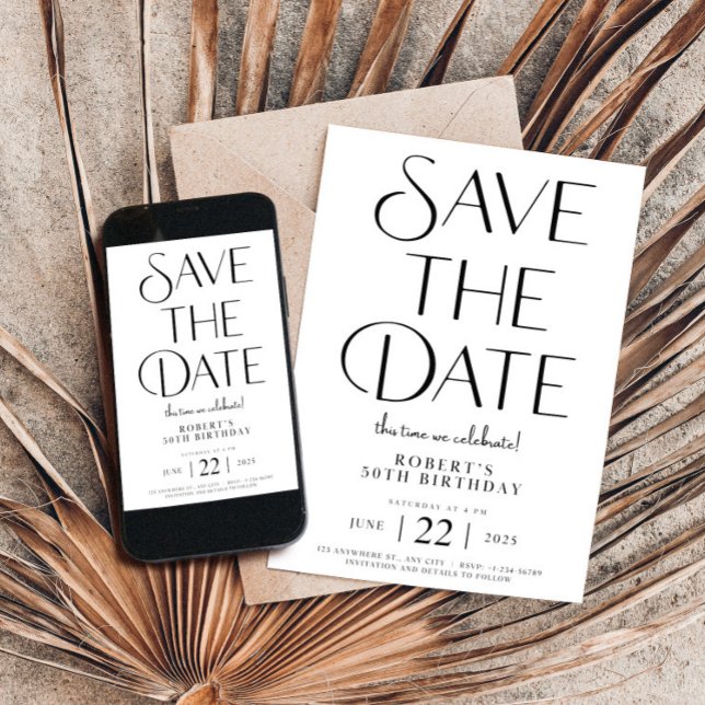 Convite Guardar a data de aniversário preto e branco 50 (Save The Date Template,Birthday 50th,Modern Invitation,Unique Minimalist Editable Bday,Black  Whith)