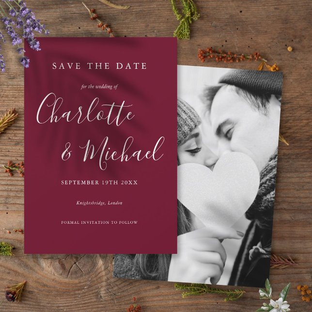 Convite Guardar a Data Fotografia Casamento Burgundy (Save the Date Burgundy Photo Wedding Invitation)