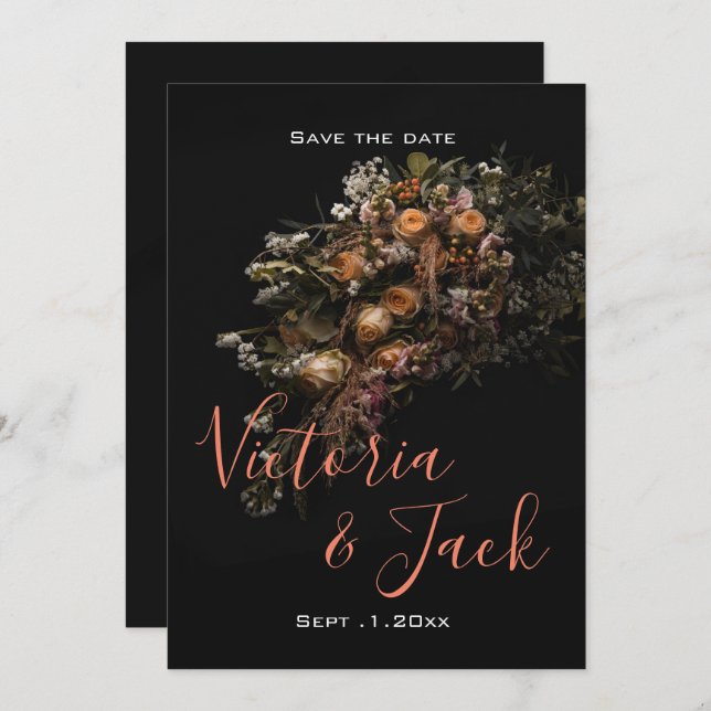 Convite guarde a data moody floral, laranja branco floral  (Frente/Verso)