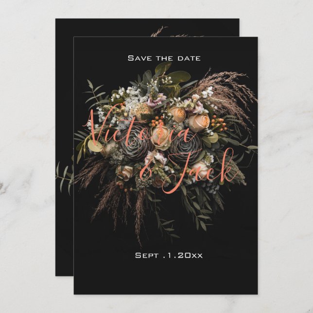 Convite guarde a data moody floral, laranja branco floral  (Frente/Verso)