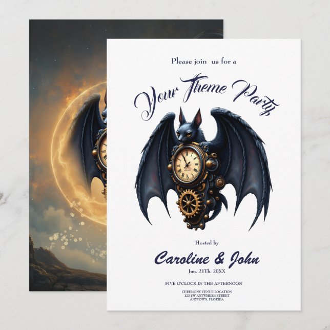 Convite Guardião do Tempo ao Luar – Morcego Steampunk (Frente/Verso)