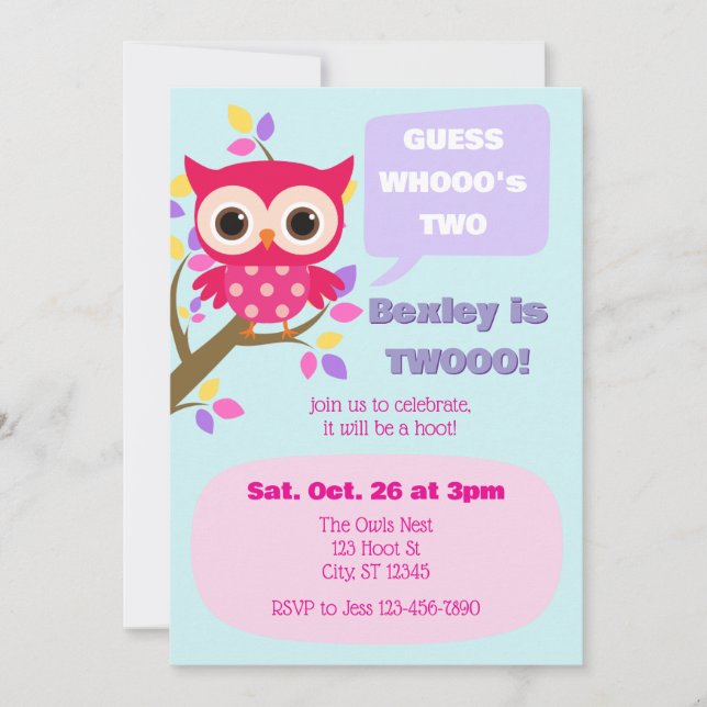Convite Guess Who's Two, Pink Owl 2nd Birthday (Frente)