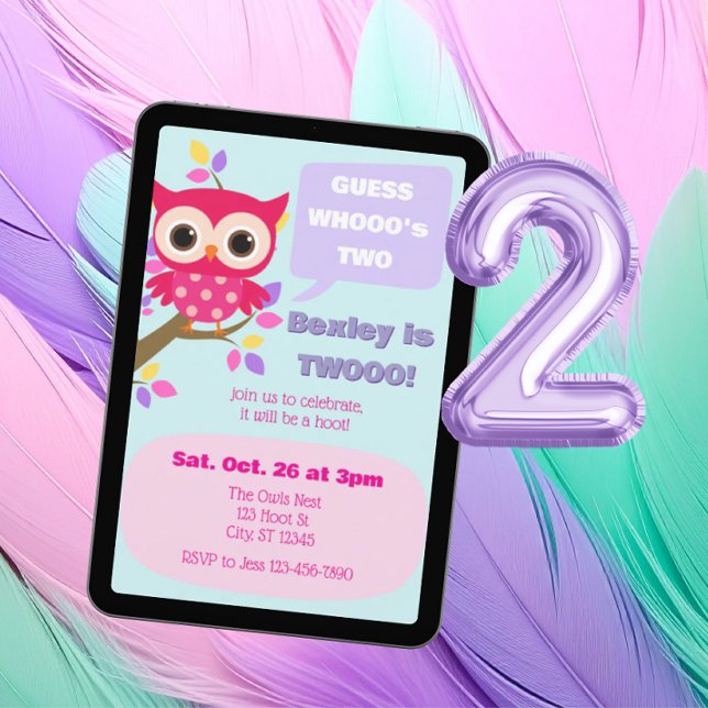 Convite Guess Who's Two, Pink Owl 2nd Birthday (Criador carregado)