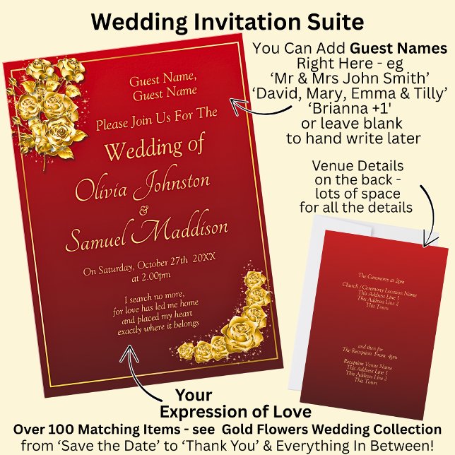 Convite Guest Names, Gold Roses Maroon Red Wedding (Criador carregado)