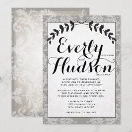 Convite Guirlanda de Caligrafia Damask Marrom Papel Casame