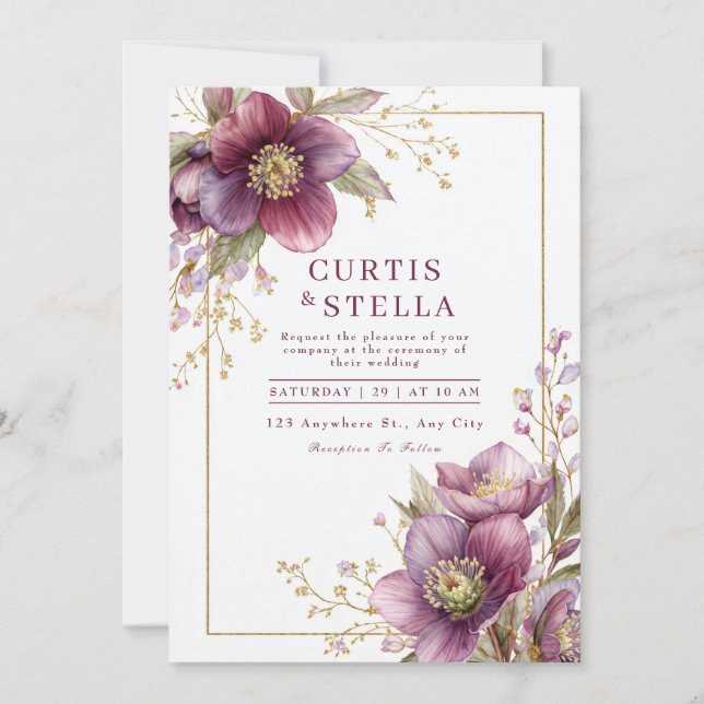 Convite Guirlanda de casamento com brilho dourado e helébo (Frente)